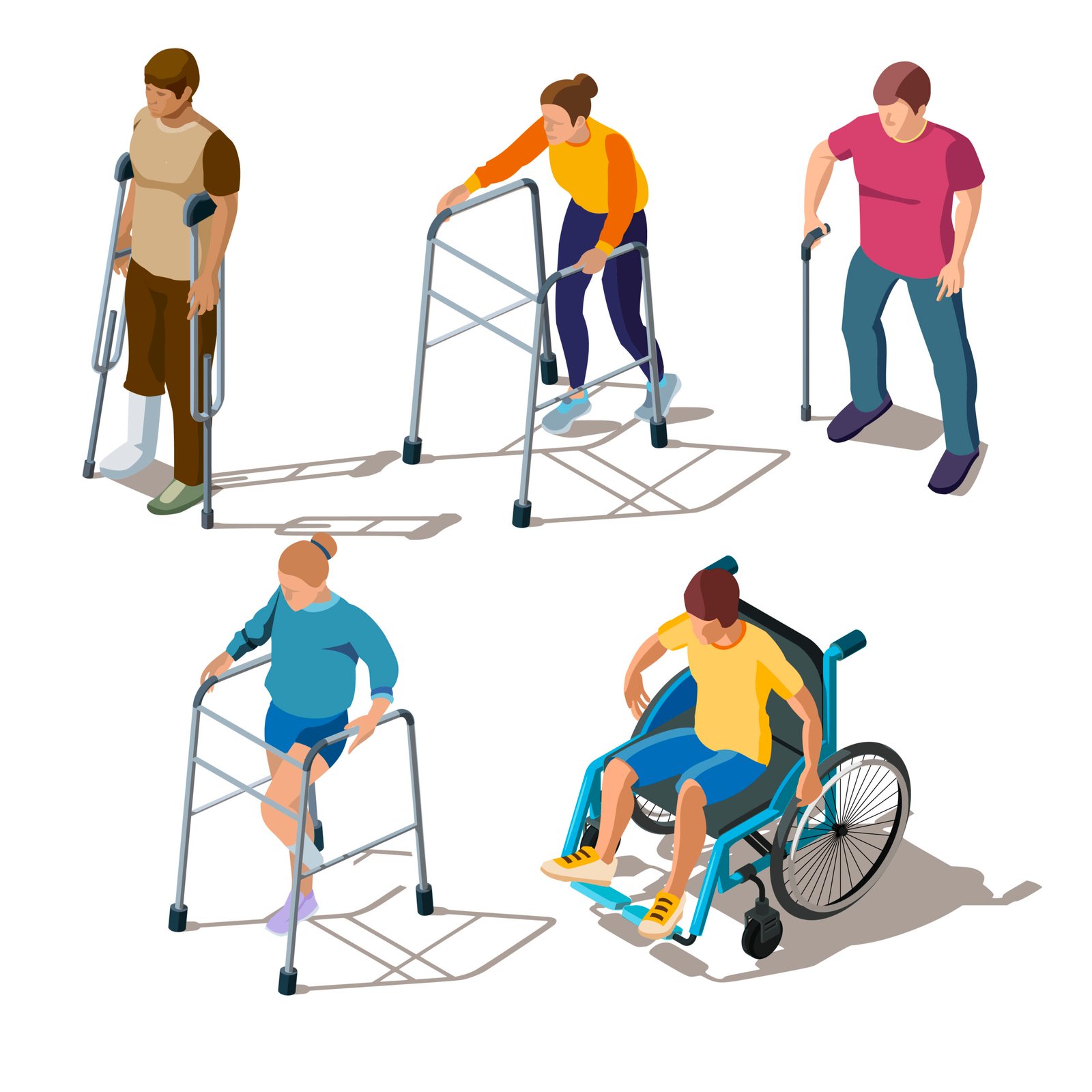 Isometric people with leg injuries, bone breaks or cracks, fracture of foot, orthopedic problems. Characters on crutches, walker, in wheelchair, with stick. Rehabilitation of musculoskeletal disorders